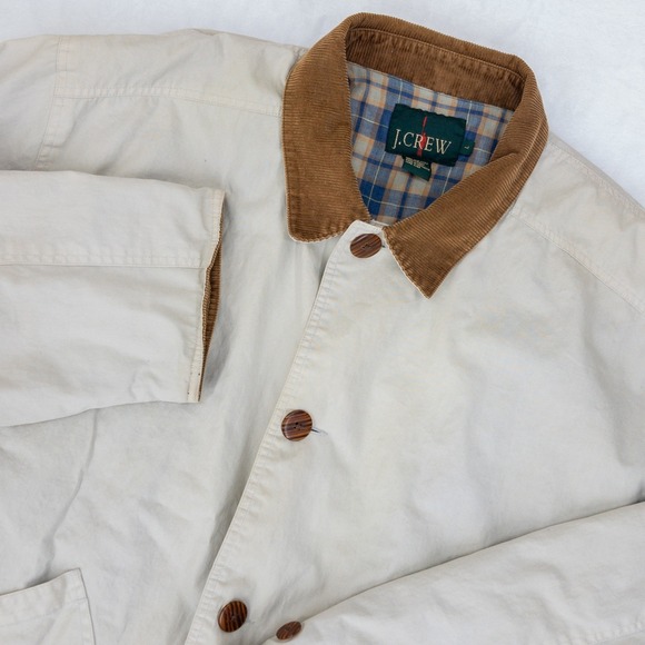 VTG J Crew Barn Jacket Mens L Cream Corduroy Collar Plaid Lined Field Chore Coat